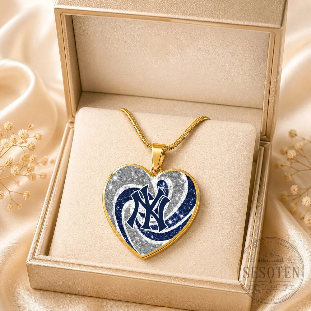 New York Yankees Heart Pendant Necklace, Baseball Team Fan Jewelry Gift
