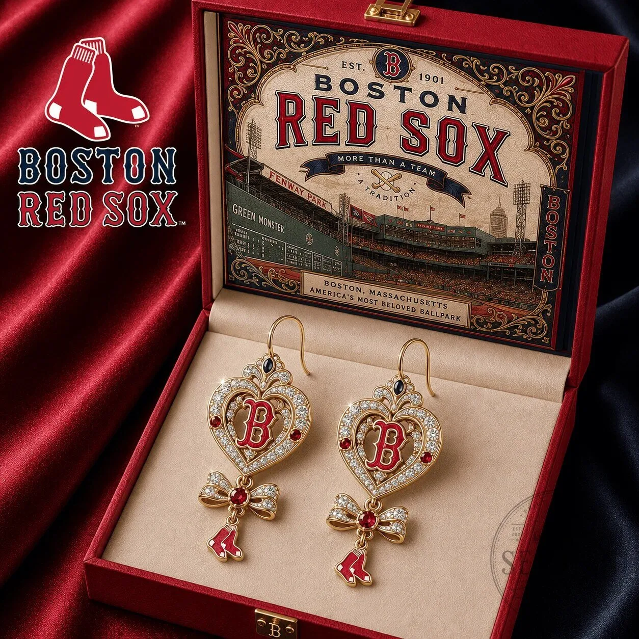 Boston Red Sox Heart Shaped Dangle Earrings with Red Bow and Team Logo