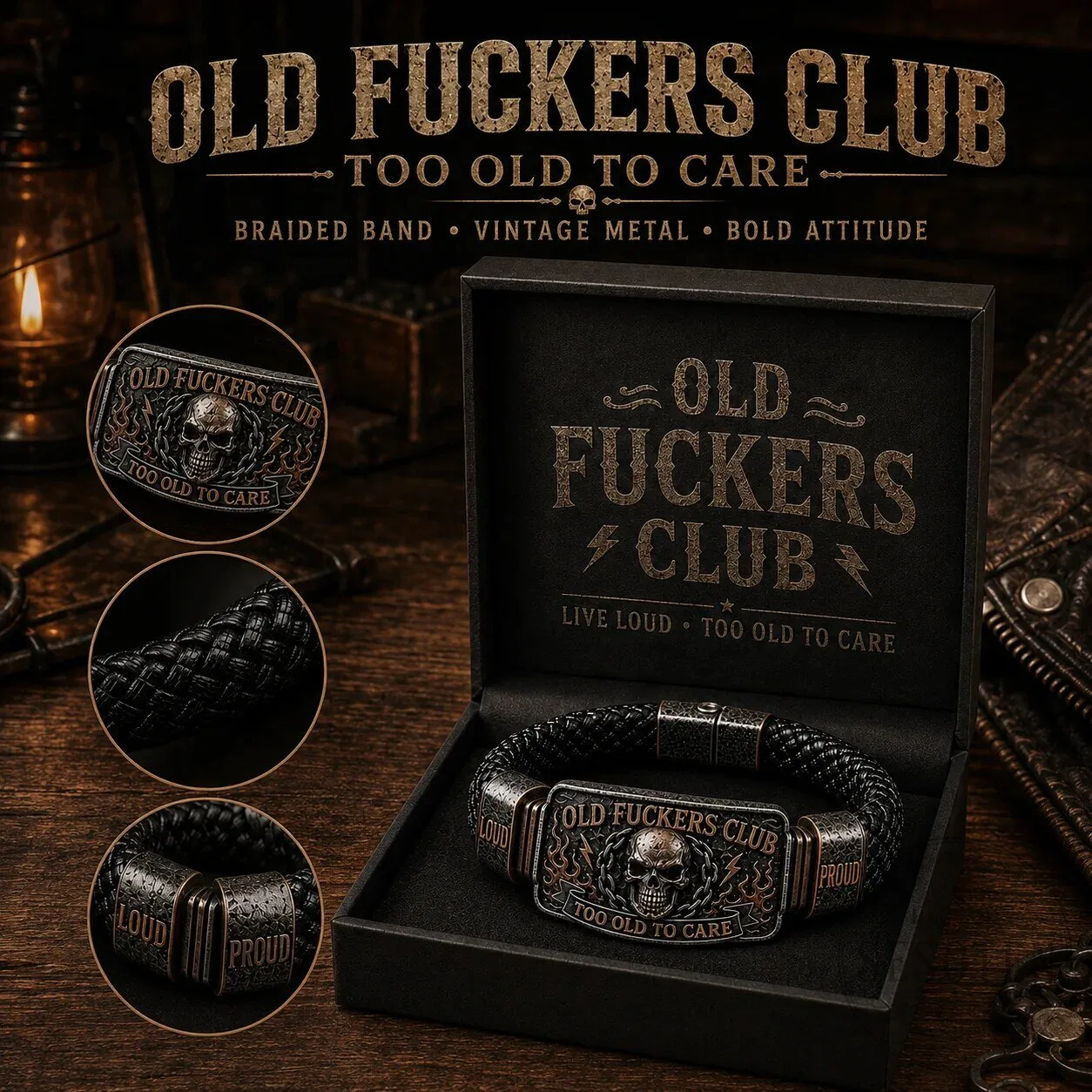 Old Fuckers Club Live Loud Skull Too Old To Care Bracelet 26 Old Fuckers Club Live Loud Skull Too Old To Care Bracelet