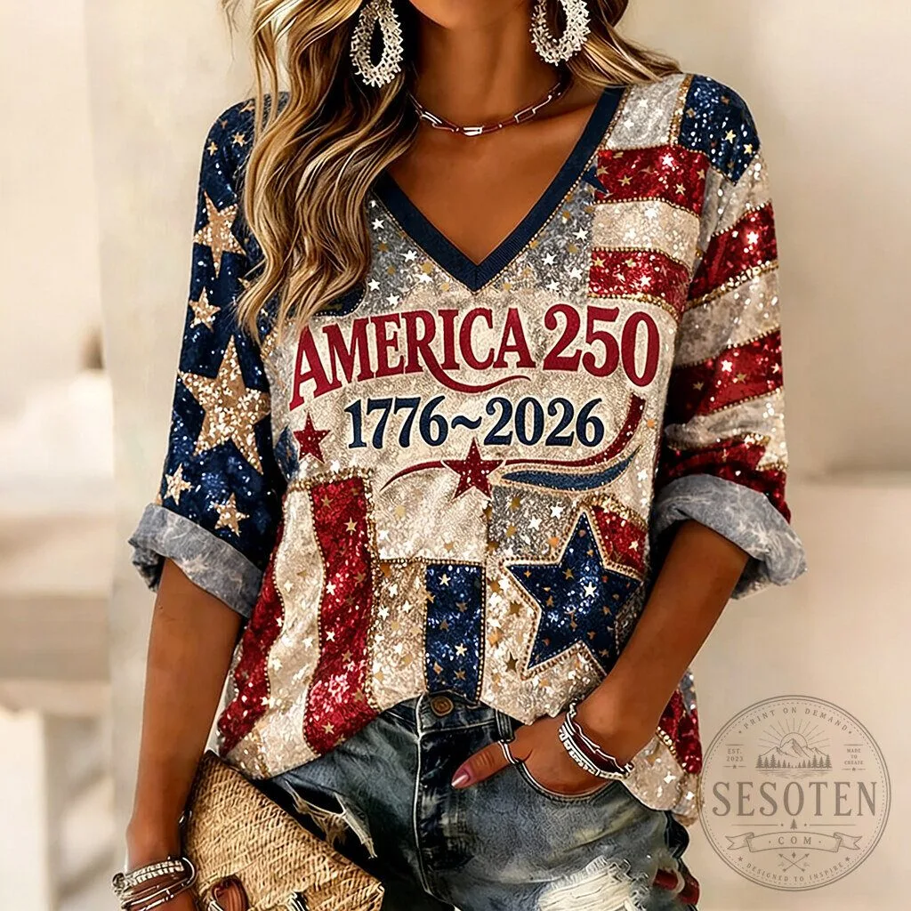 America 250th Anniversary 1776-2026 Sequin Flag V-Neck T-Shirt