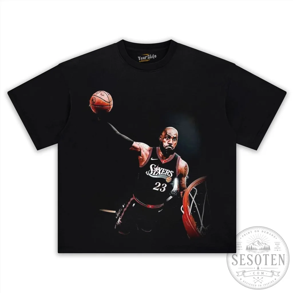LeBron James Slam Dunk Basketball Player Black Graphic T-Shirt LeBron James Slam Dunk Basketball Player Black Graphic T-Shirt