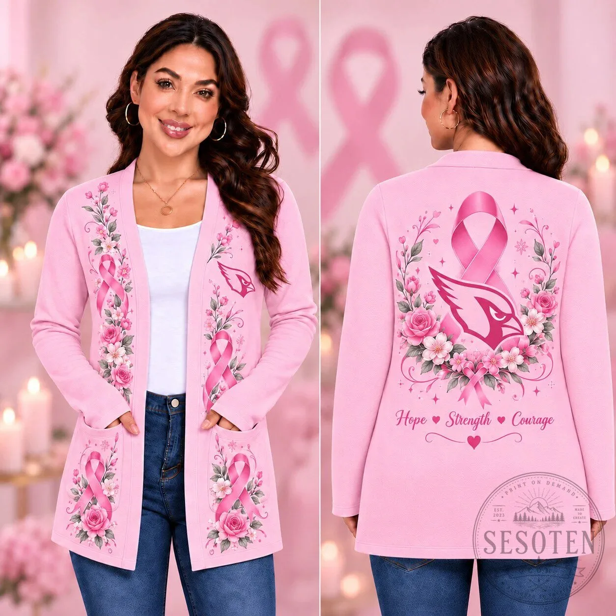 Arizona Cardinals Breast Cancer Awareness Pink Floral Hope Strength Courage Cardigan