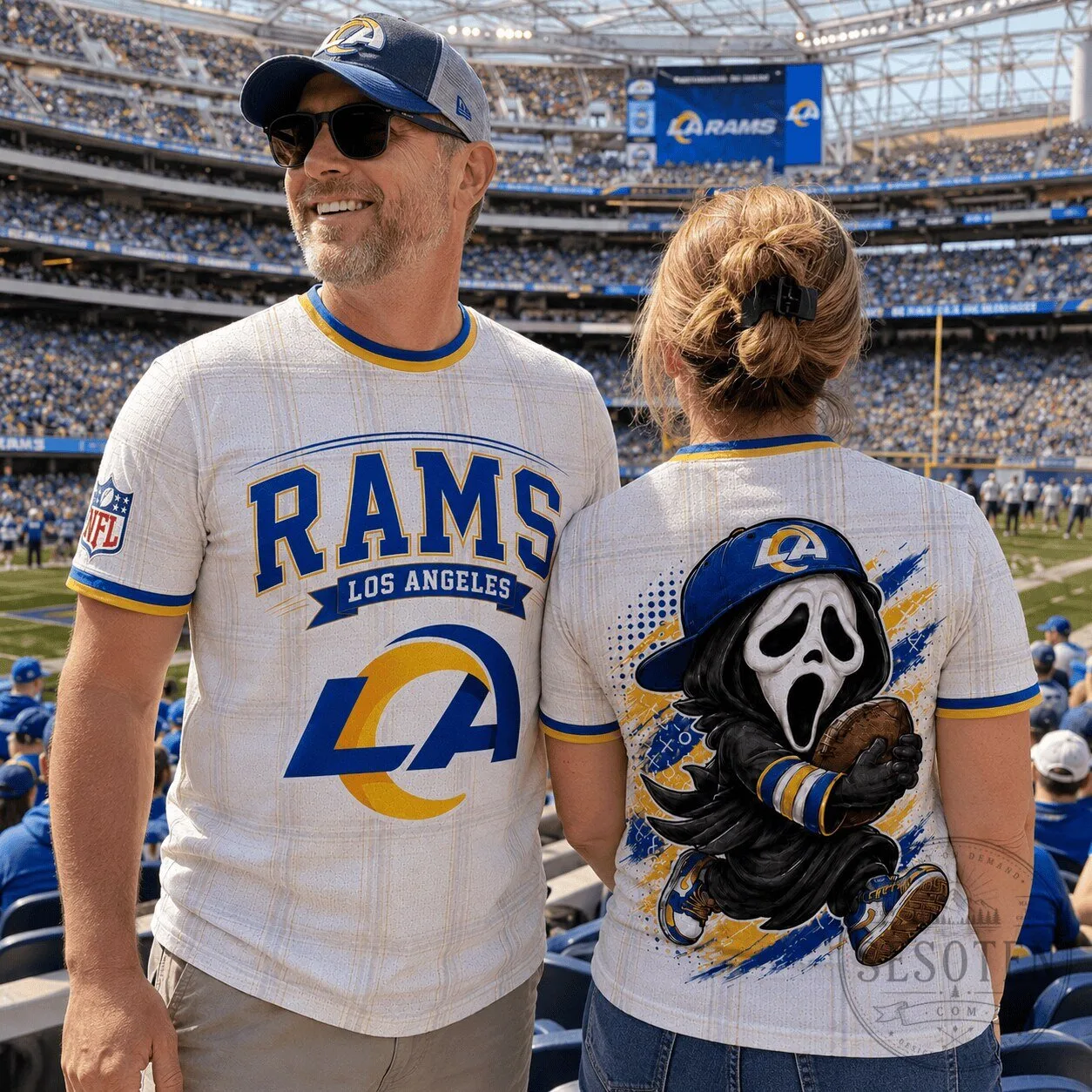 Halloween T-Shirt featuring Ghostface Running with Los Angeles Rams Football Theme 5 Halloween T-Shirt featuring Ghostface Running with Los Angeles Rams Football Theme