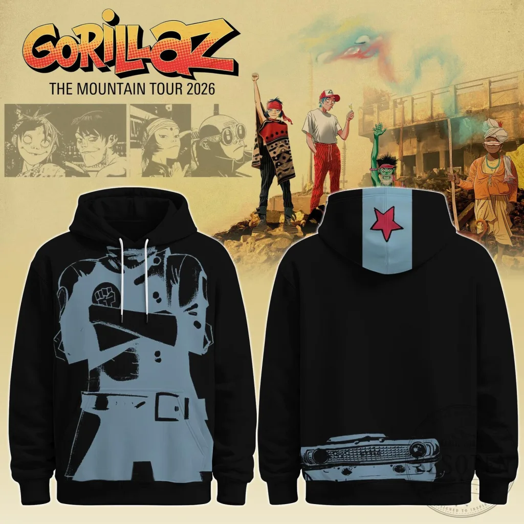 Gorillaz The Mountain Tour 2026 Black Pullover Hoodie with Band Members Gorillaz The Mountain Tour 2026 Black Pullover Hoodie with Band Members
