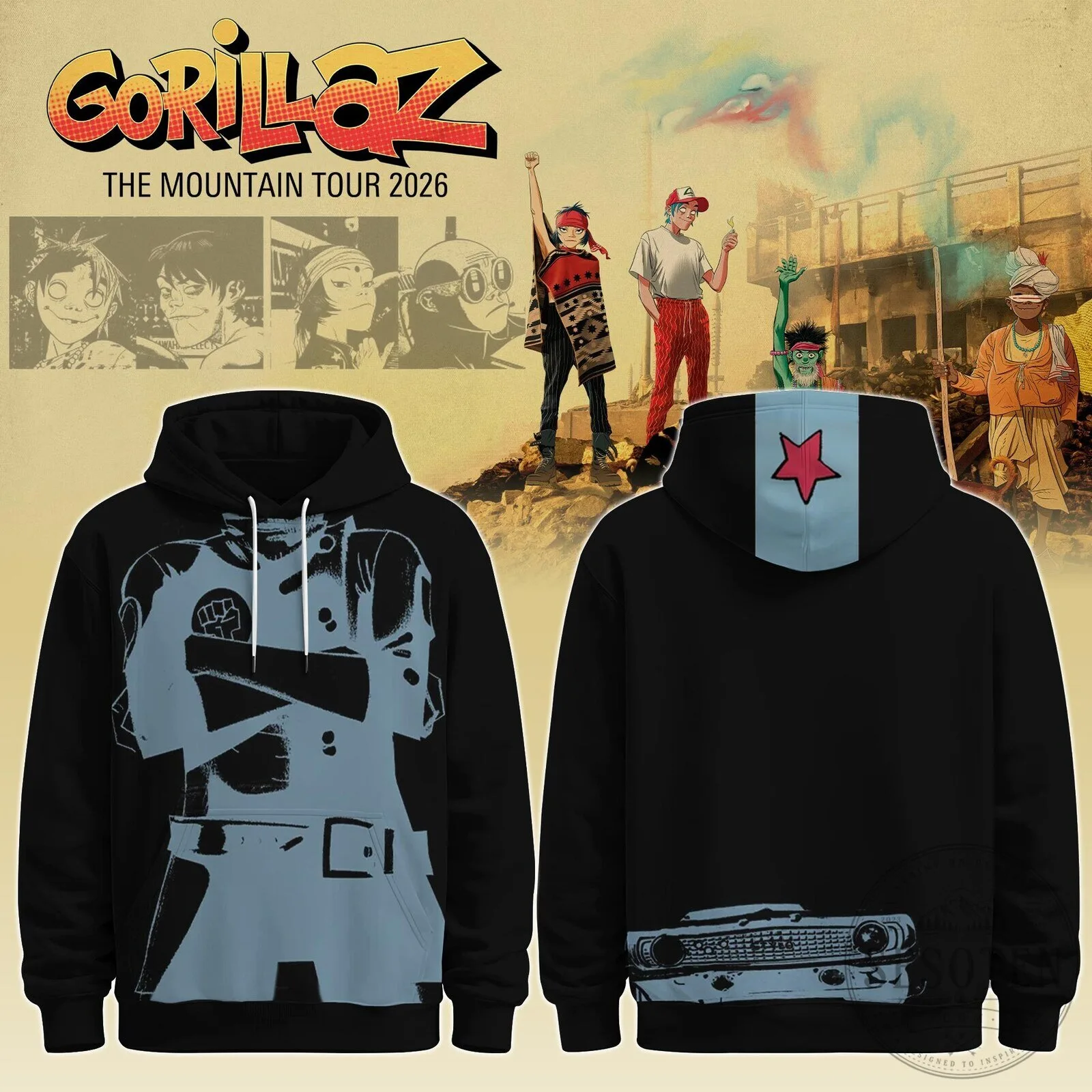 Gorillaz The Mountain Tour 2026 Black Pullover Hoodie with Band Members