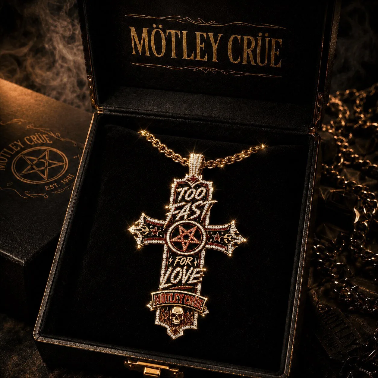 Motley Crue Too Fast For Love Gold Chain Cross Pendant Necklace