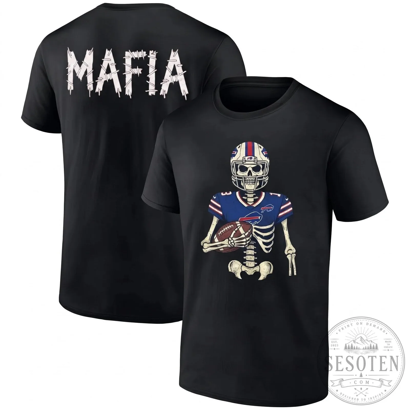 Buffalo Bills Skeleton Football Player Halloween Mafia Black T-Shirt 1 Buffalo Bills Skeleton Football Player Halloween Mafia Black T-Shirt