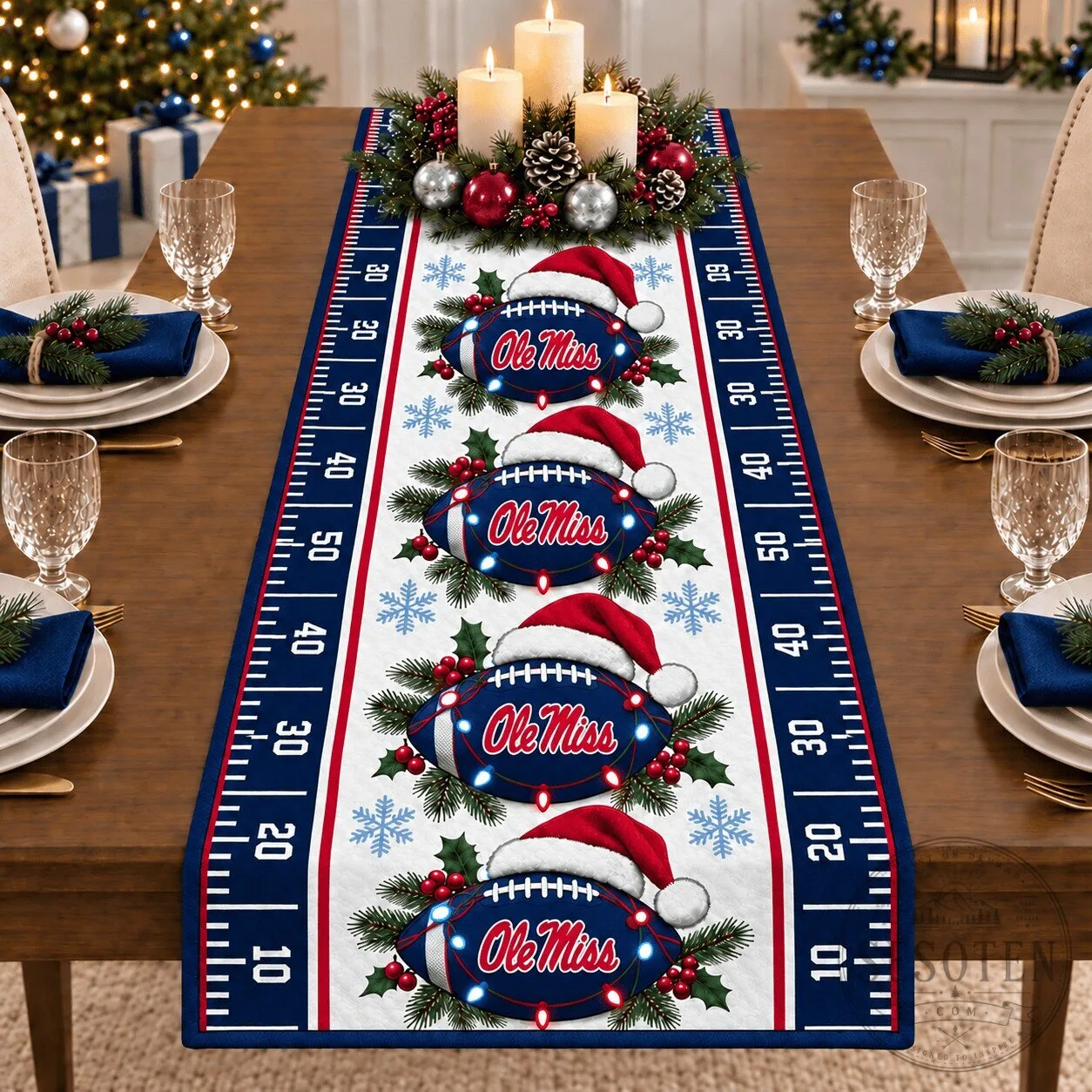 Ole Miss Rebels Christmas Football Field Table Runner