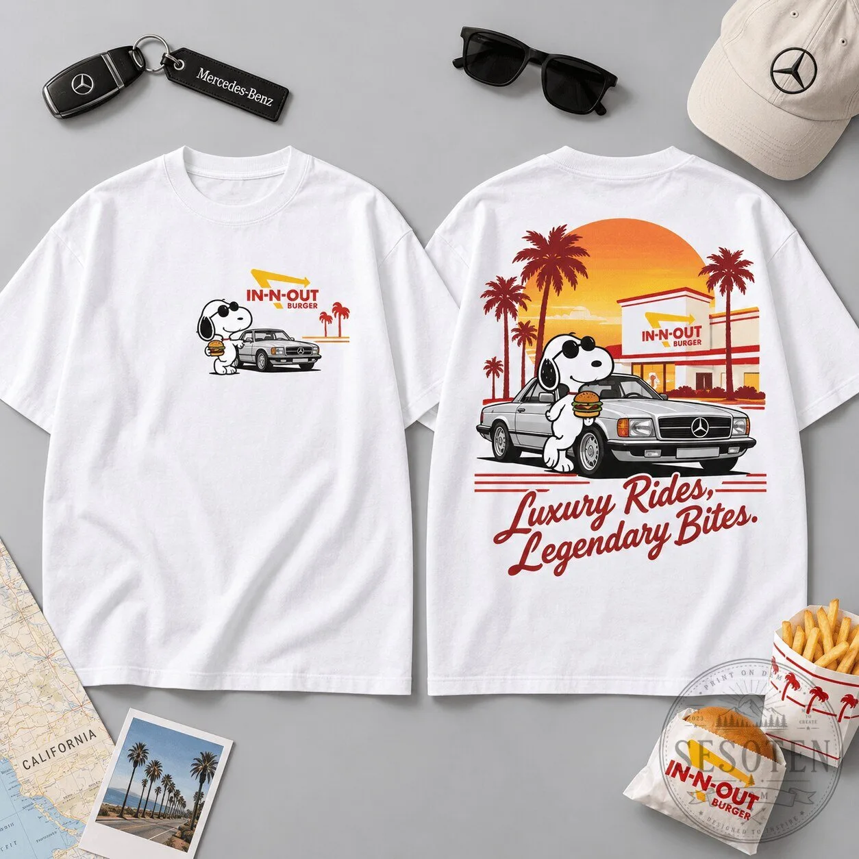 Snoopy Luxury Rides Legendary Bites Mercedes-Benz In-N-Out Burger T-Shirt