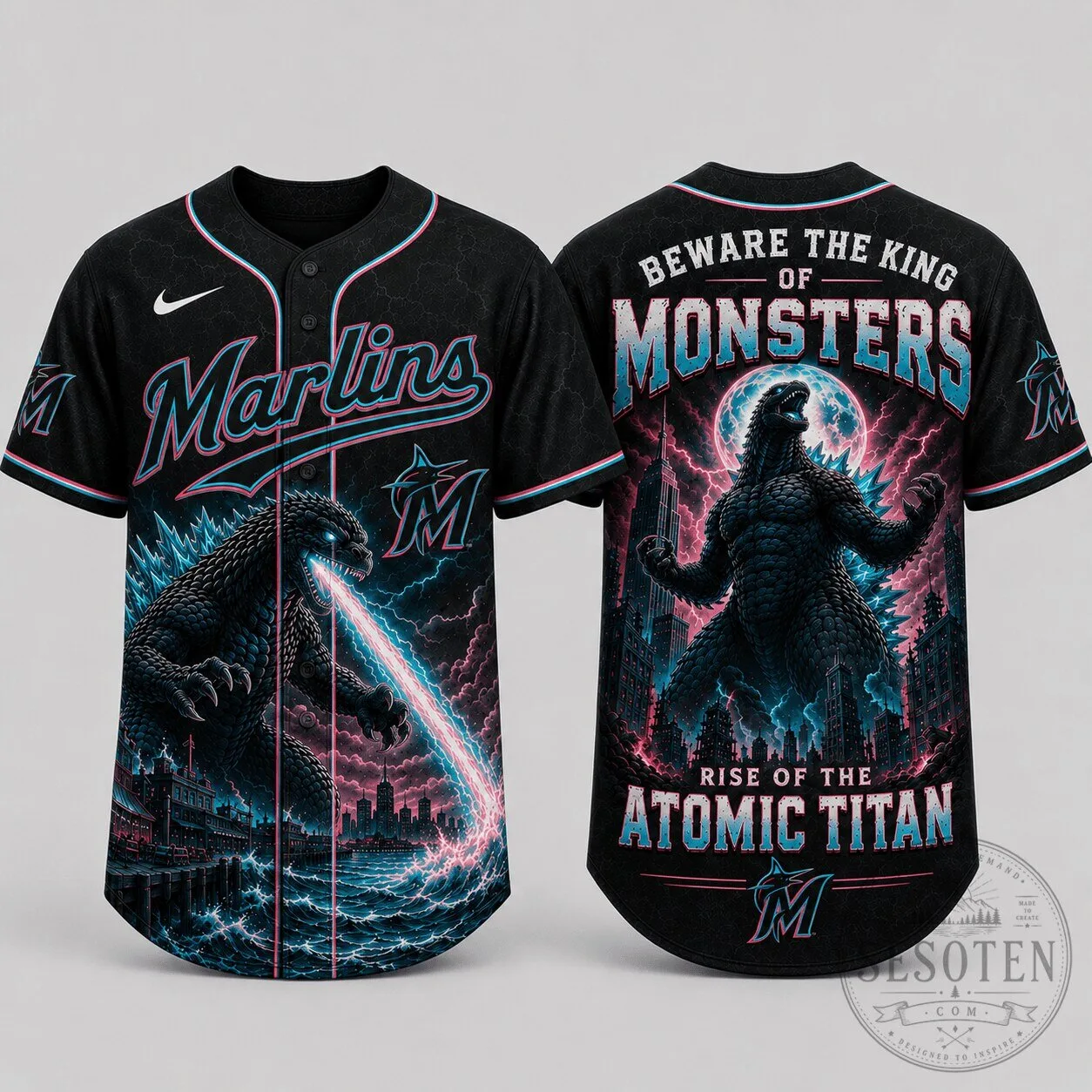 Miami Marlins Baseball Godzilla King of Monsters Jersey 1 Miami Marlins Baseball Godzilla King of Monsters Jersey