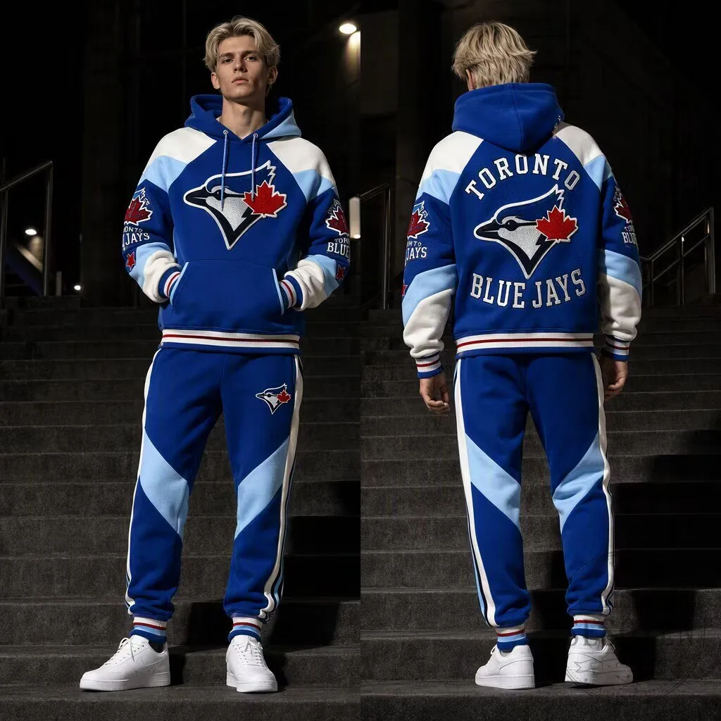Toronto Blue Jays Baseball Team Blue and White Colorblock Hoodie and Sweatpants Set