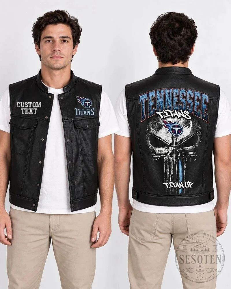 Tennessee Titans Punisher Skull Custom Text Black Leather Vest