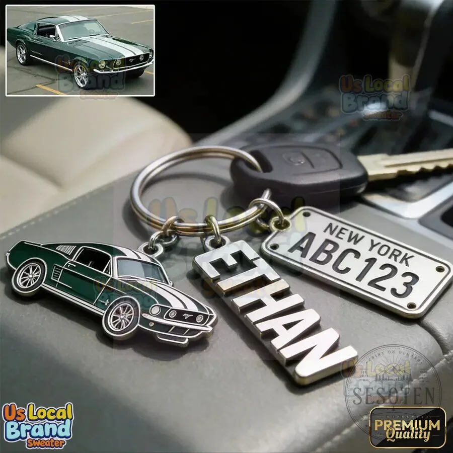 Personalized Ford Mustang Car Keychain with Custom Name and License Plate