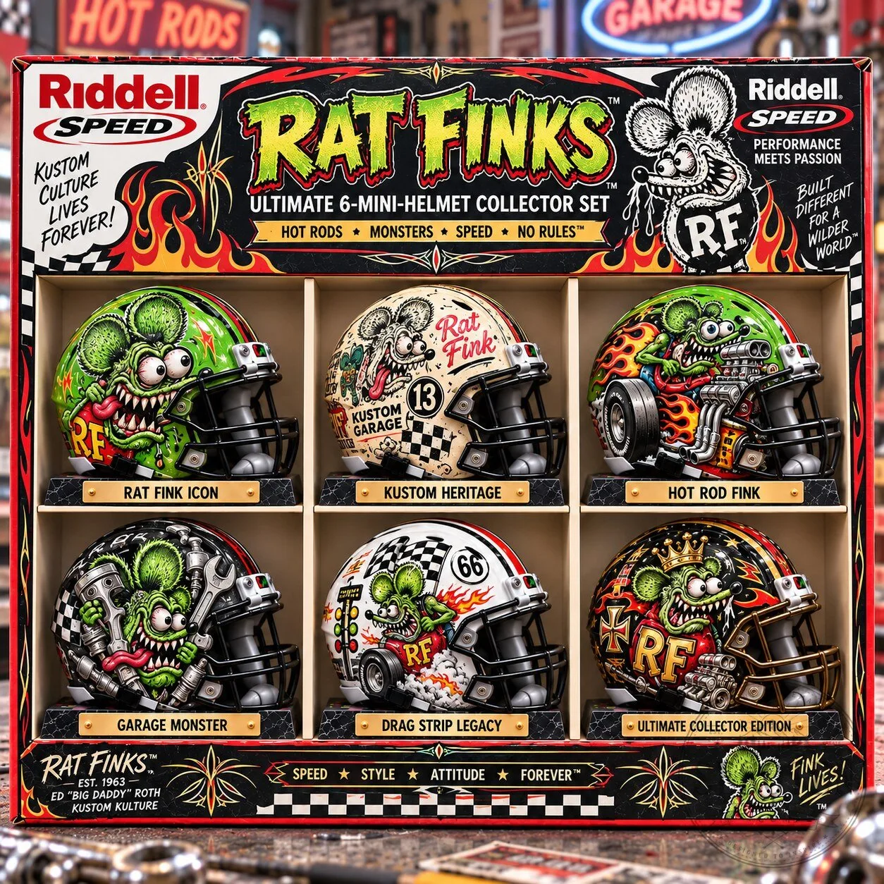 Rat Fink Mini Football Helmet Collection Set of Six Display Figurines