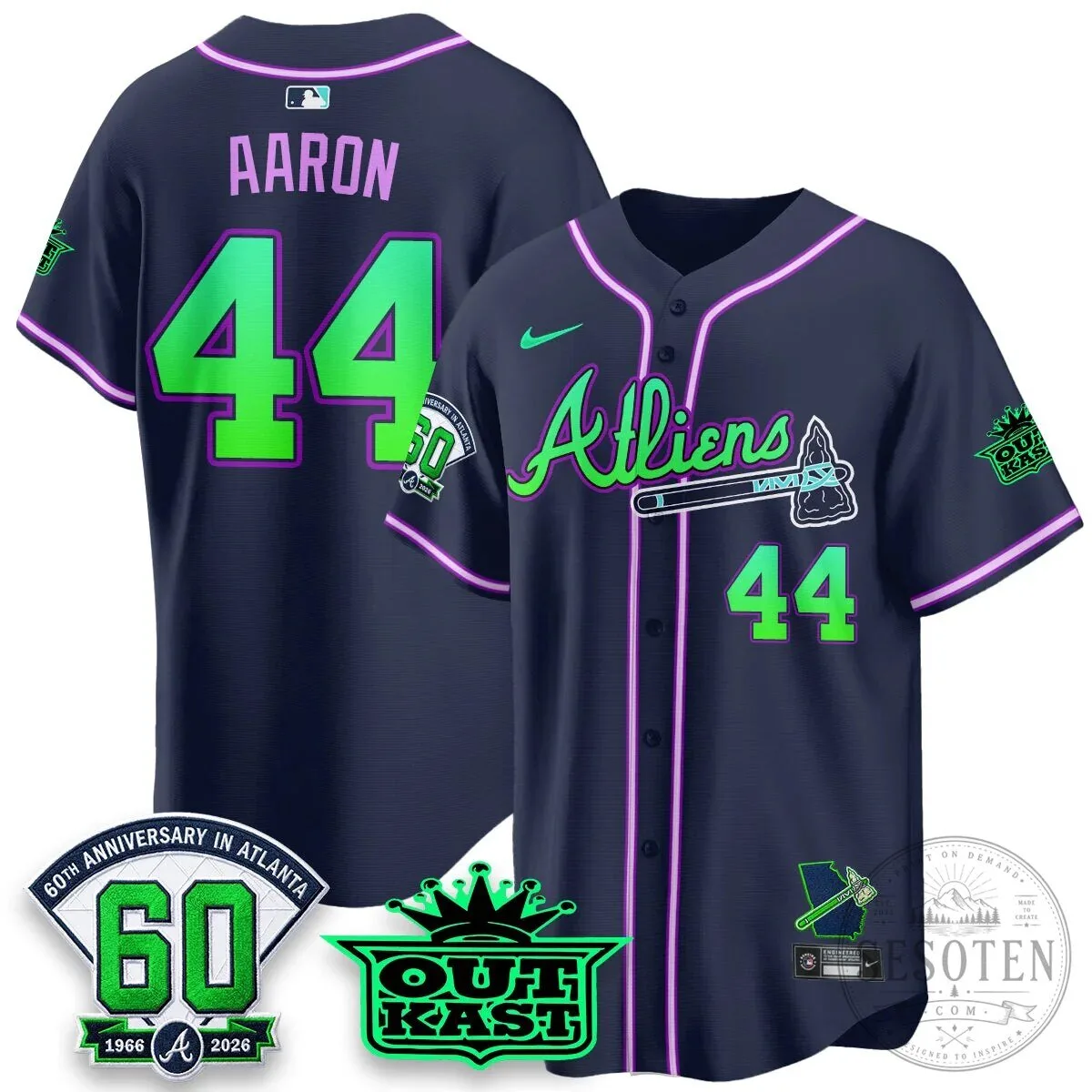 Atlanta Braves Aaron 44 Outkast 60th Anniversary Baseball Jersey