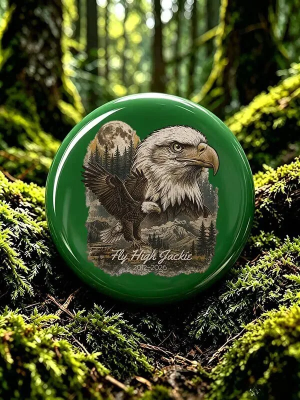 Fly High Jackie Memorial Bald Eagle Full Moon Forest Pin-Back Button 3 Fly High Jackie Memorial Bald Eagle Full Moon Forest Pin-Back Button