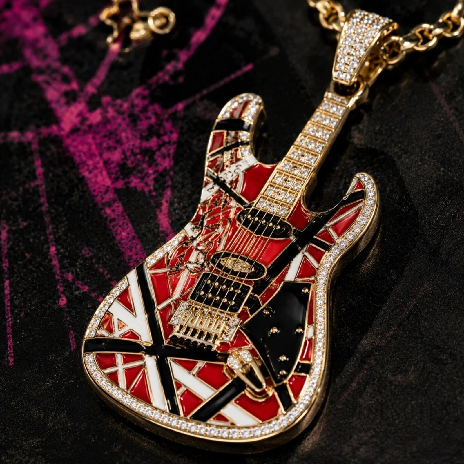 Van Halen Diamond Frankenstrat Guitar Pendant Necklace with Gold Chain 9 Van Halen Diamond Frankenstrat Guitar Pendant Necklace with Gold Chain