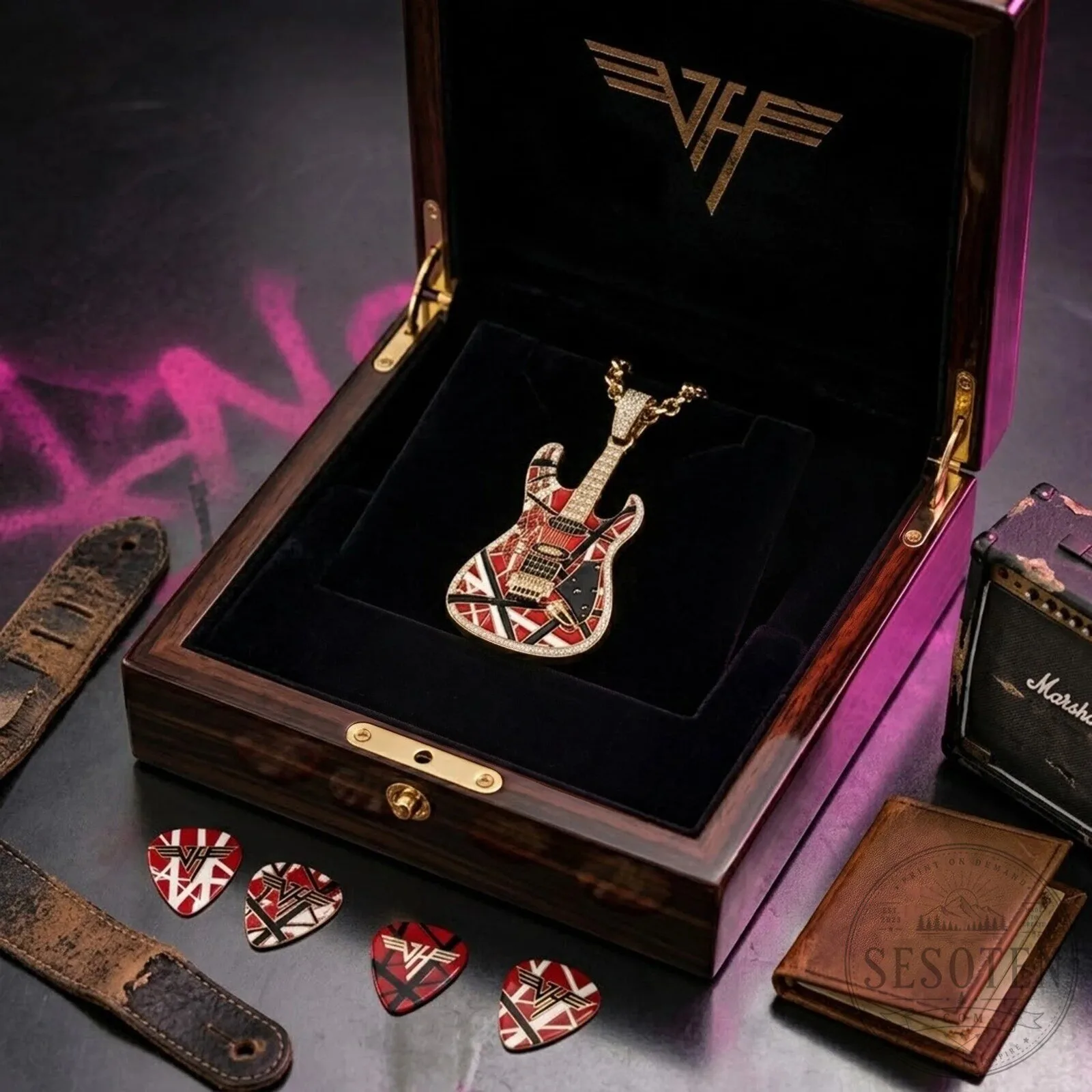 Van Halen Diamond Frankenstrat Guitar Pendant Necklace with Gold Chain 10 Van Halen Diamond Frankenstrat Guitar Pendant Necklace with Gold Chain