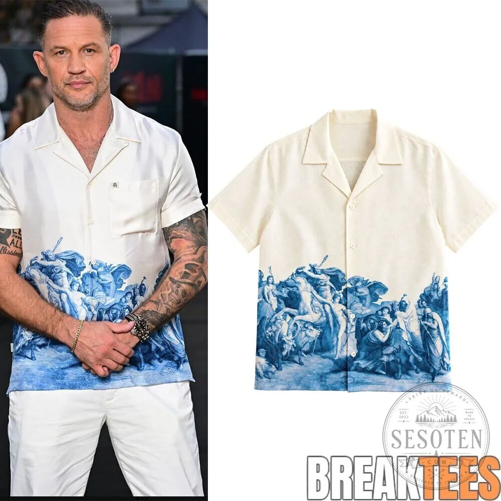 Tom Hardy Vintage Renaissance Blue Toile Print Short Sleeve Button Down Hawaiian Shirt