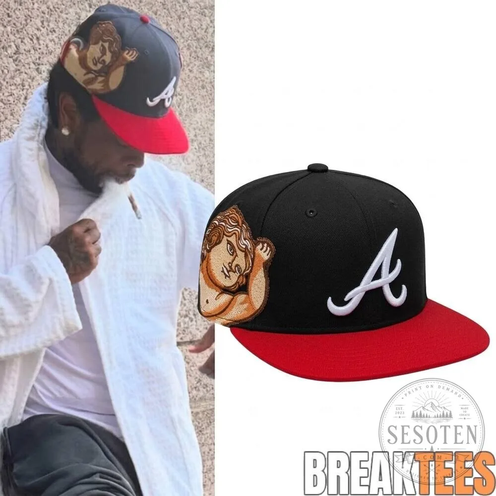 Atlanta Braves Baseball Team Logo Black and Red Flat Bill Cap Hat with Angel