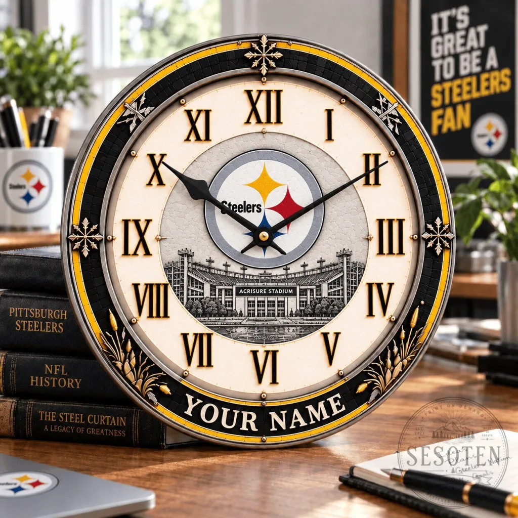 Pittsburgh Steelers Acrisure Stadium Custom Roman Numeral Wall Clock Pittsburgh Steelers Acrisure Stadium Custom Roman Numeral Wall Clock