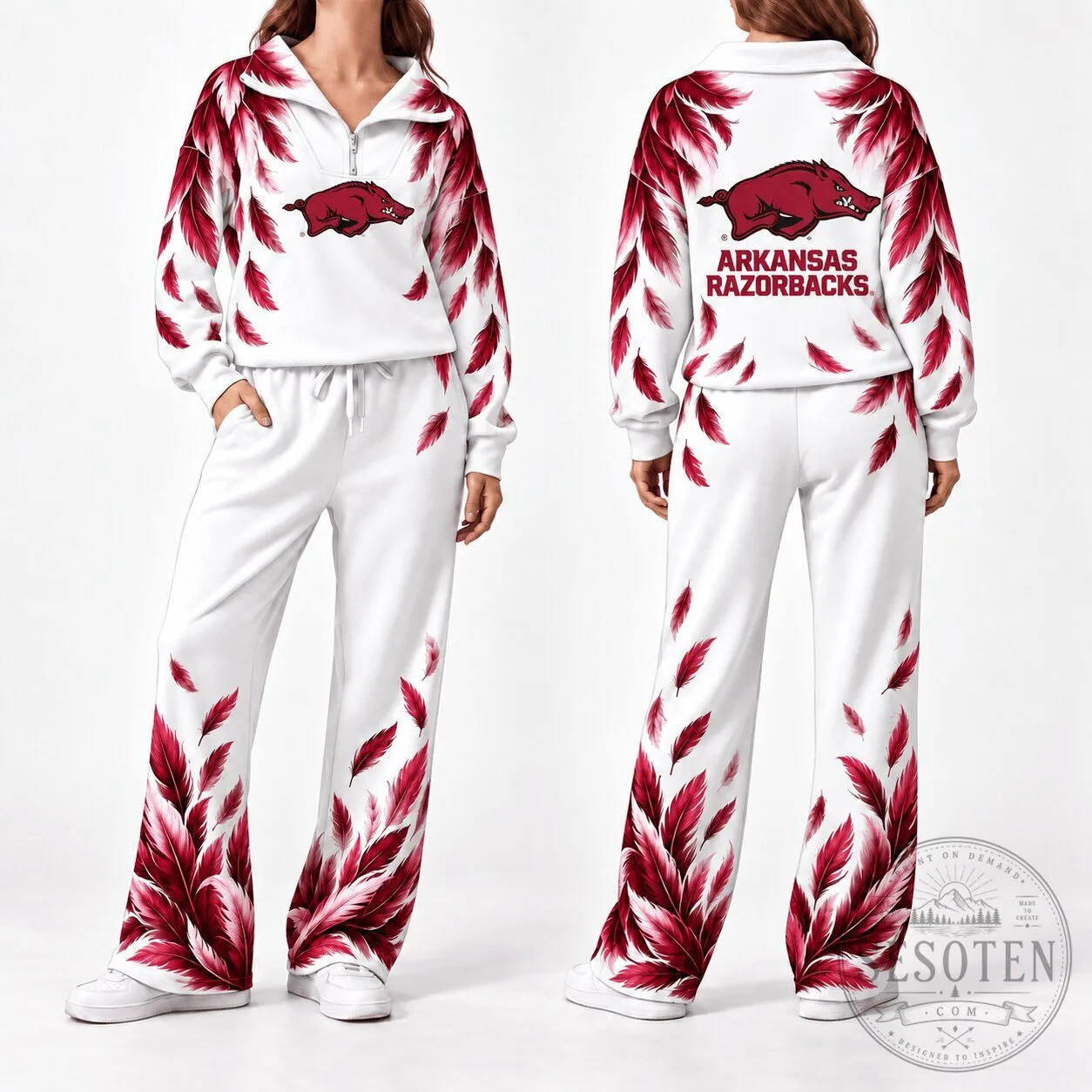 Arkansas Razorbacks Red Feather Pattern Quarter-Zip Sweatshirt and Pants Set