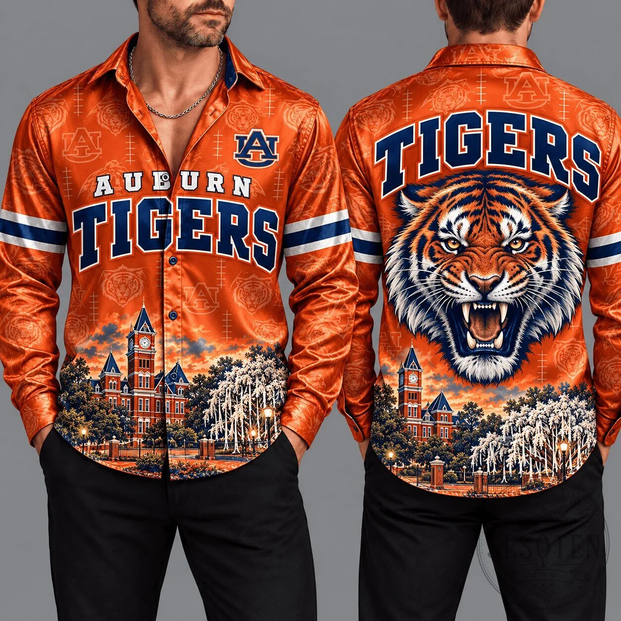 Auburn Tigers University College Football Team Logo Long-Sleeve Button-Up Shirt