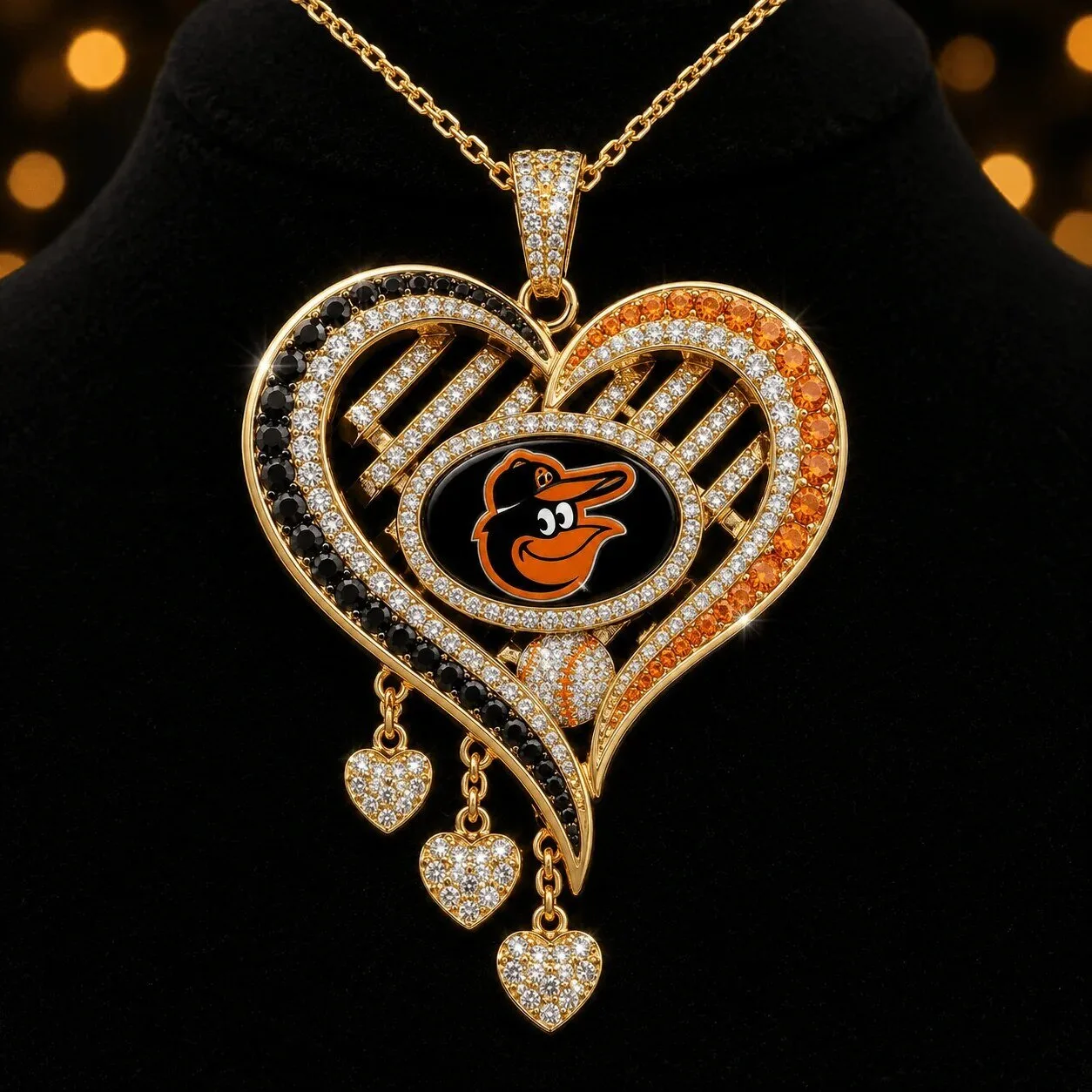 Baltimore Orioles Diamond Heart Pendant Necklace, Gold Tone