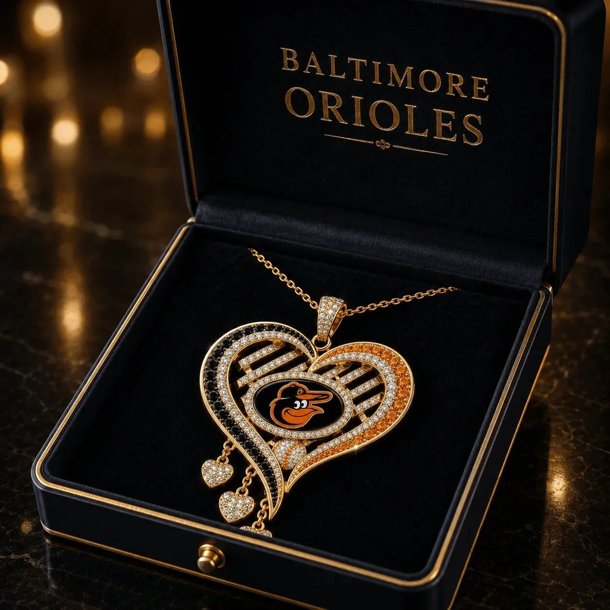 Baltimore Orioles Diamond Heart Pendant Necklace, Gold Tone 9 Baltimore Orioles Diamond Heart Pendant Necklace, Gold Tone