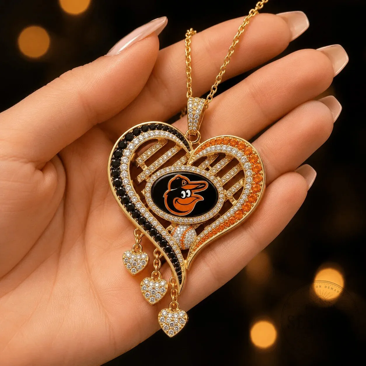 Baltimore Orioles Diamond Heart Pendant Necklace, Gold Tone 10 Baltimore Orioles Diamond Heart Pendant Necklace, Gold Tone