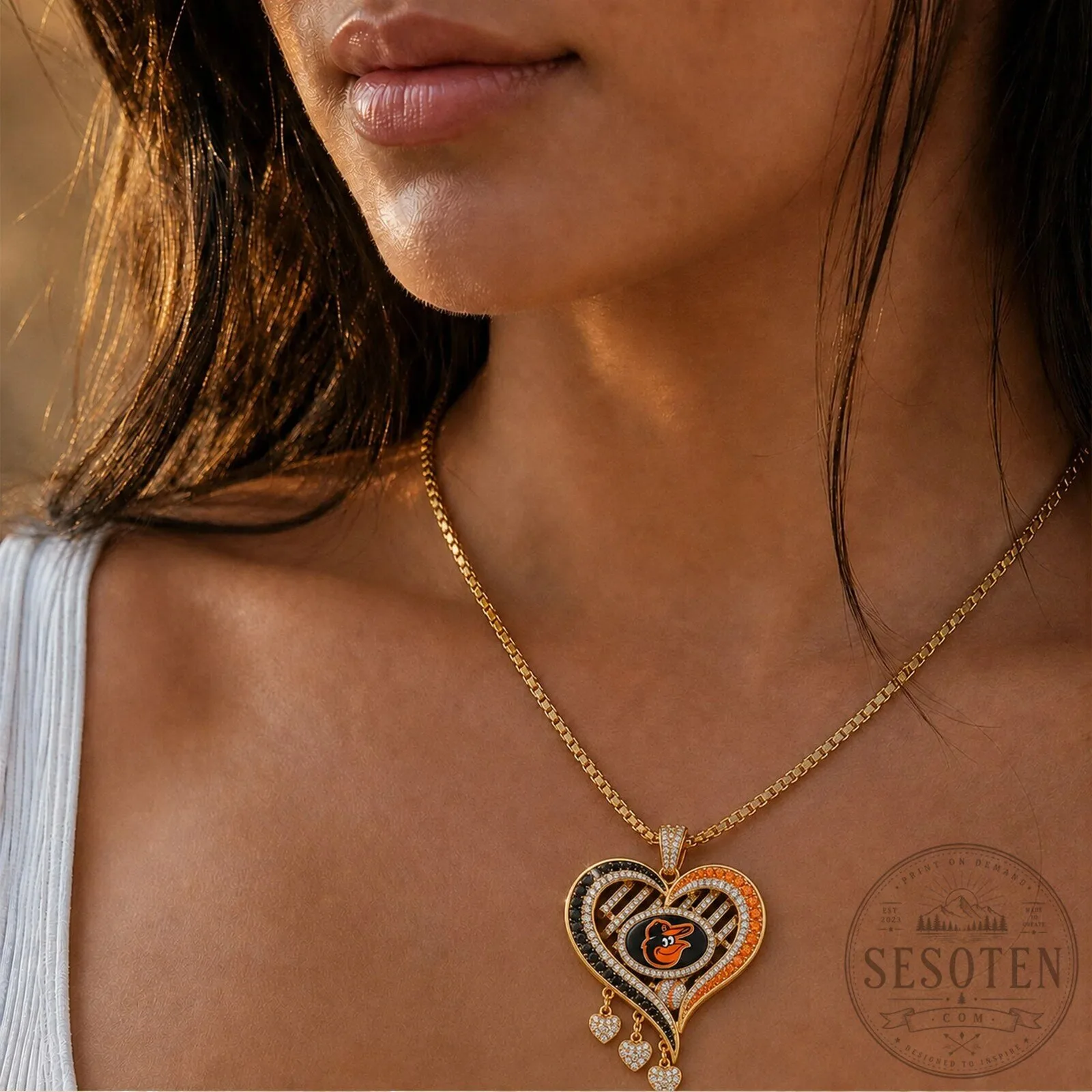 Baltimore Orioles Diamond Heart Pendant Necklace, Gold Tone 11 Baltimore Orioles Diamond Heart Pendant Necklace, Gold Tone