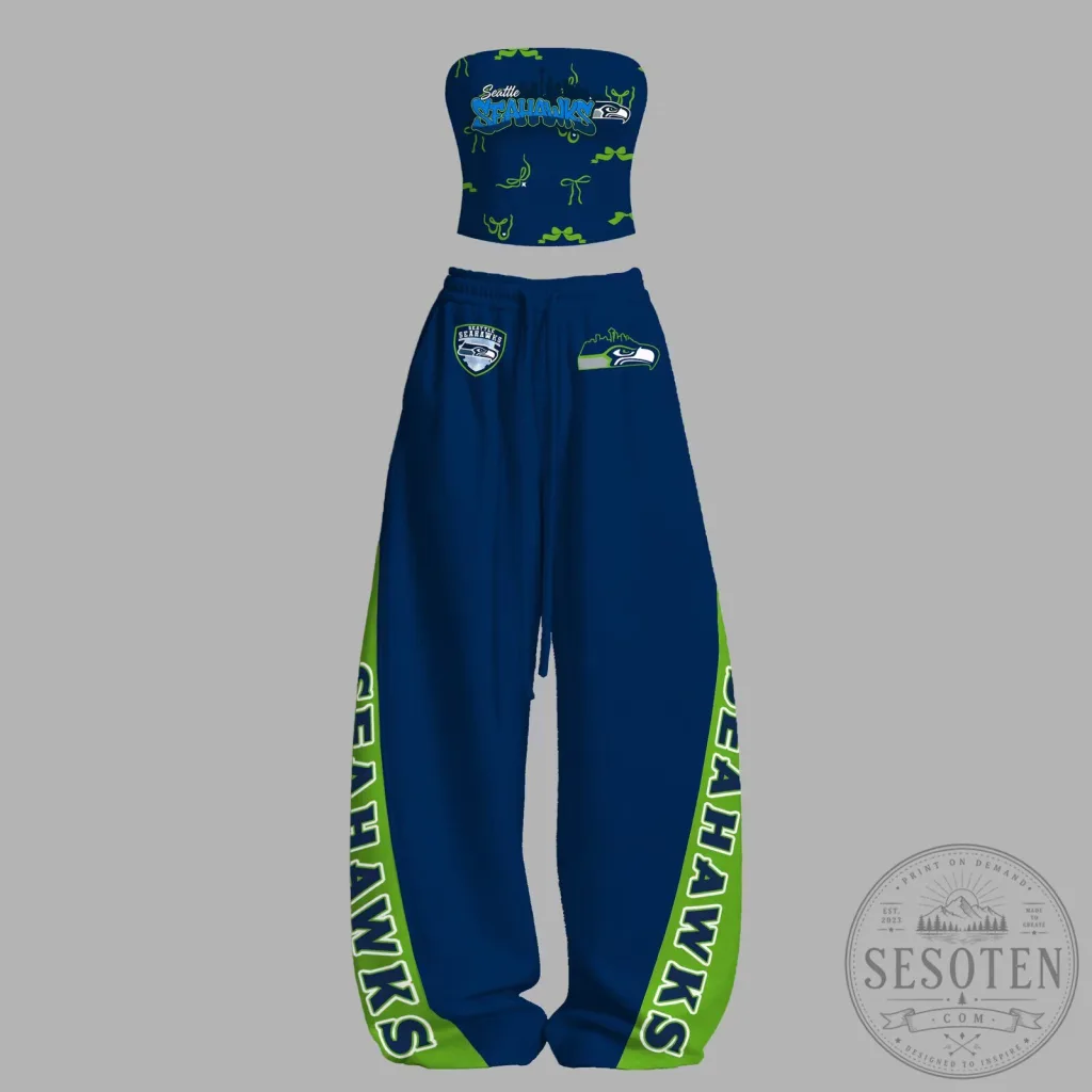 Seattle Seahawks Women's Strapless Crop Top and Wide Leg Sweatpants Set Seattle Seahawks Women's Strapless Crop Top and Wide Leg Sweatpants Set