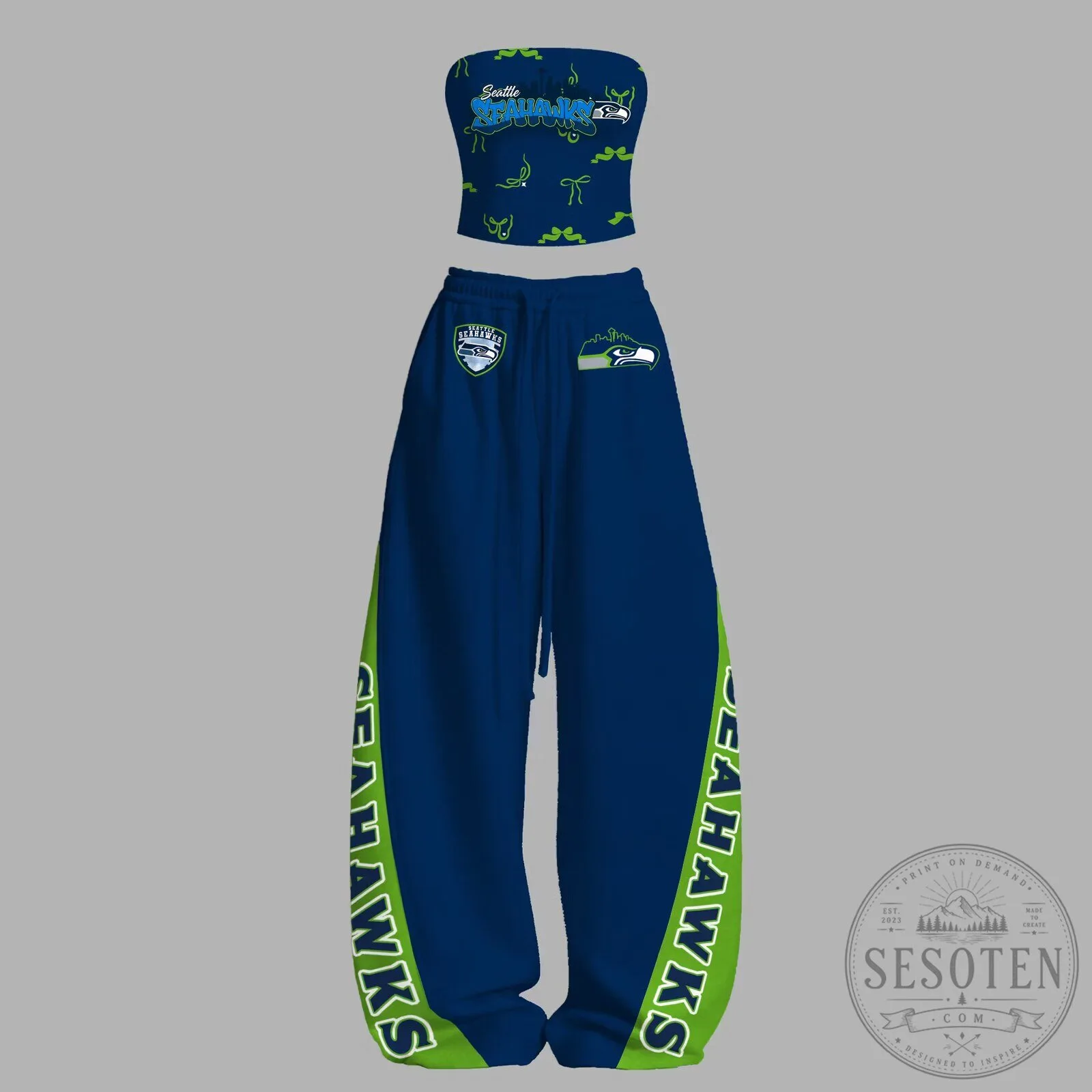 Seattle Seahawks Women's Strapless Crop Top and Wide Leg Sweatpants Set