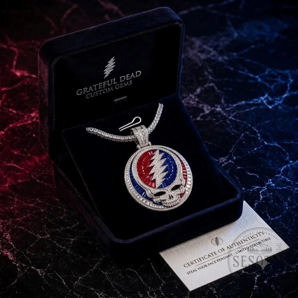 Diamond Pendant Necklace with Grateful Dead Steal Your Face Design