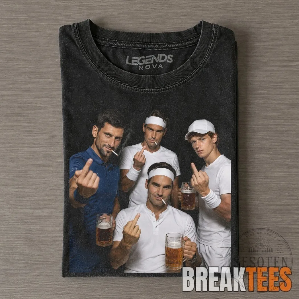 Tennis Legends T-Shirt featuring Roger Federer, Rafael Nadal, Novak Djokovic, and Jannik Sinner 4 Tennis Legends T-Shirt featuring Roger Federer, Rafael Nadal, Novak Djokovic, and Jannik Sinner