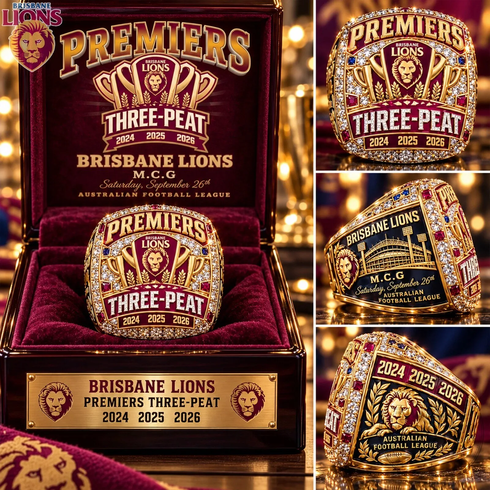 Brisbane Lions Premiers Three-Peat 2024 2025 2026 Australian Football League Ring