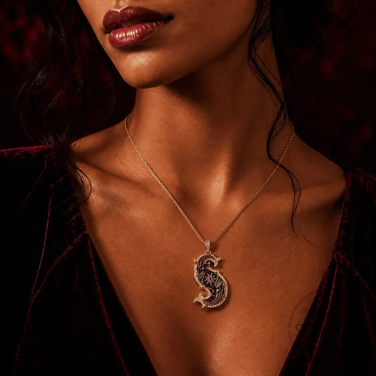 Elegant Gold Chain Necklace with Diamond Studded Baroque Pendant 7 Elegant Gold Chain Necklace with Diamond Studded Baroque Pendant