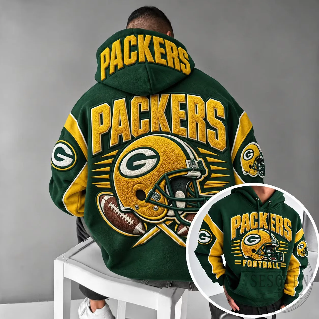 Green Bay Packers Football Team Logo and Helmet Graphic Print Hoodie