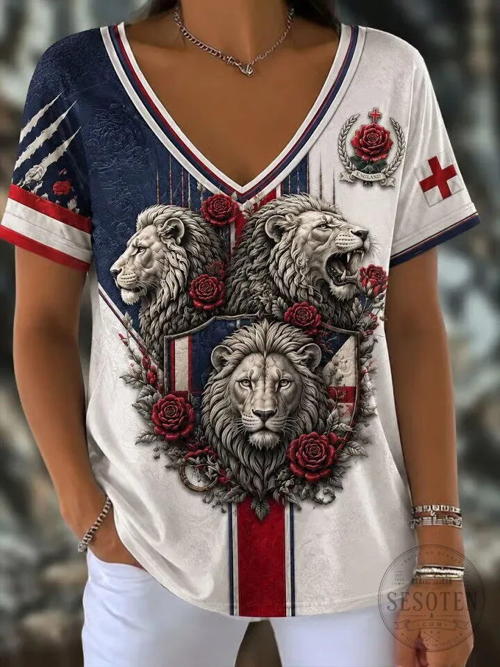 England Football Lionesses Graphic Print V-Neck T-Shirt for Women