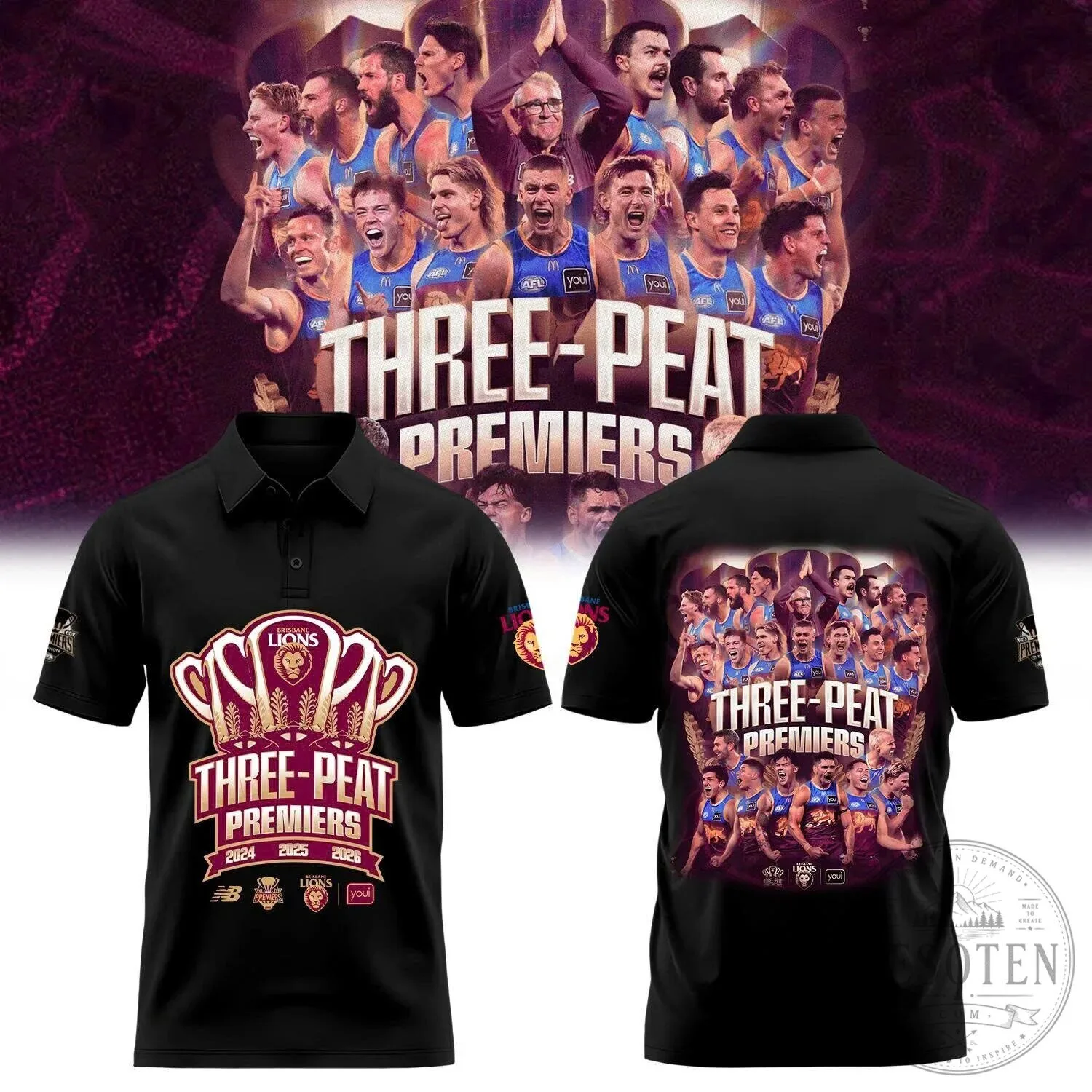 Brisbane Lions AFL Three-Peat Premiers 2024 2025 2026 Polo Shirt