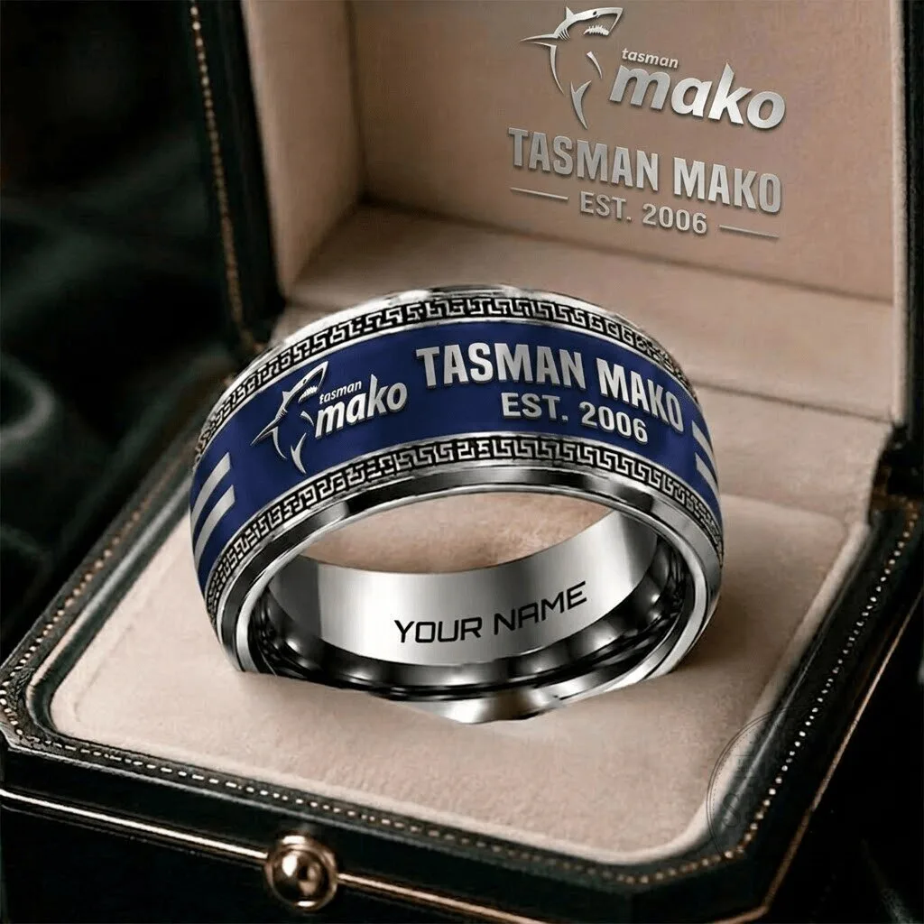 Tasman Mako Personalized Blue and Silver Engraved Ring Gift