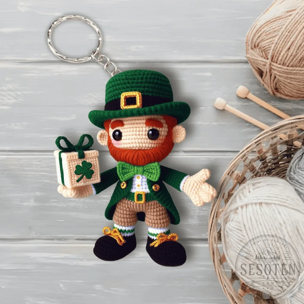 Handmade Crochet Leprechaun Holding Gift Box Keychain 16 Handmade Crochet Leprechaun Holding Gift Box Keychain