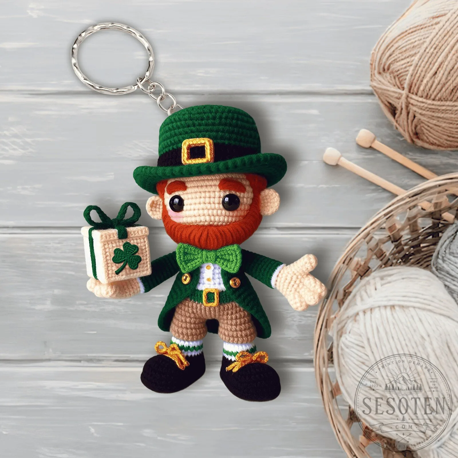 Handmade Crochet Leprechaun Holding Gift Box Keychain