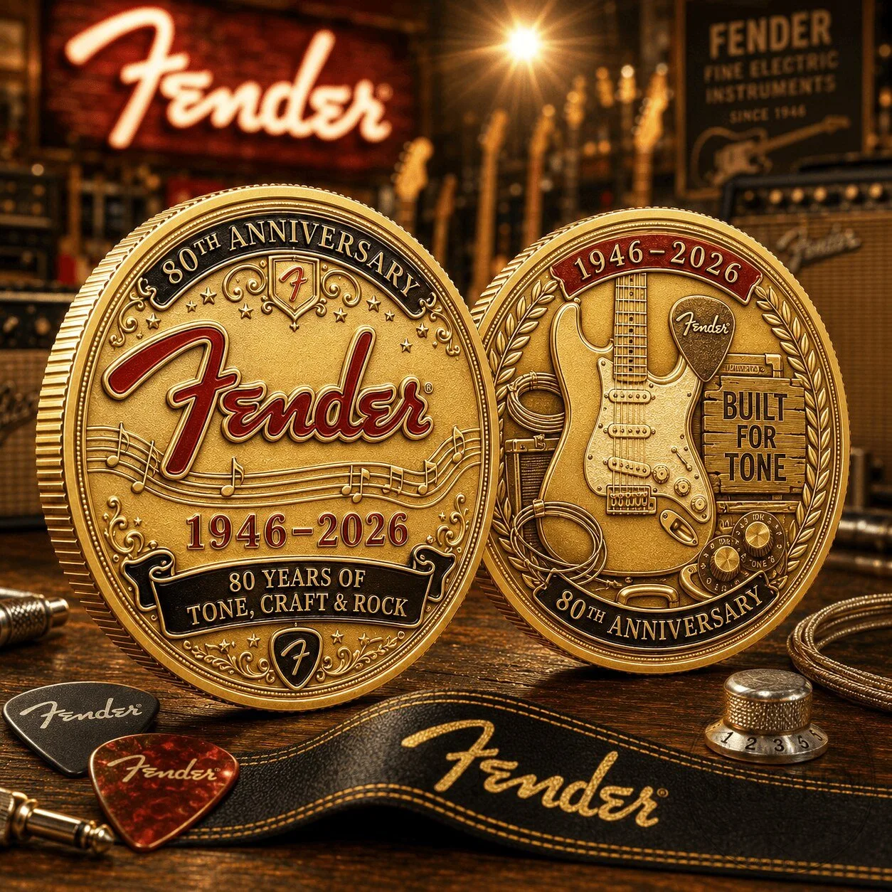 Fender 80th Anniversary Commemorative Gold Guitar Motif Collector's Coin
