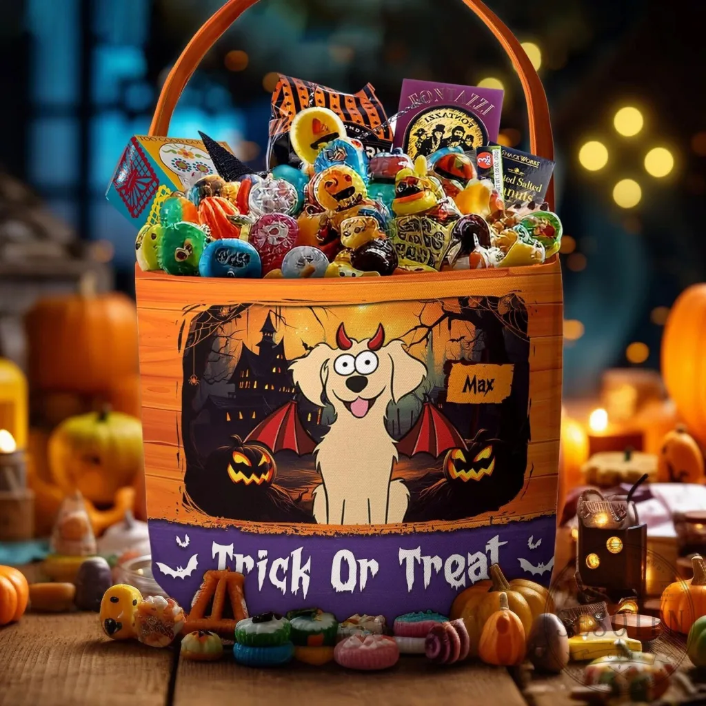 Personalized Dog Halloween Trick or Treat Canvas Bucket Bag Personalized Dog Halloween Trick or Treat Canvas Bucket Bag