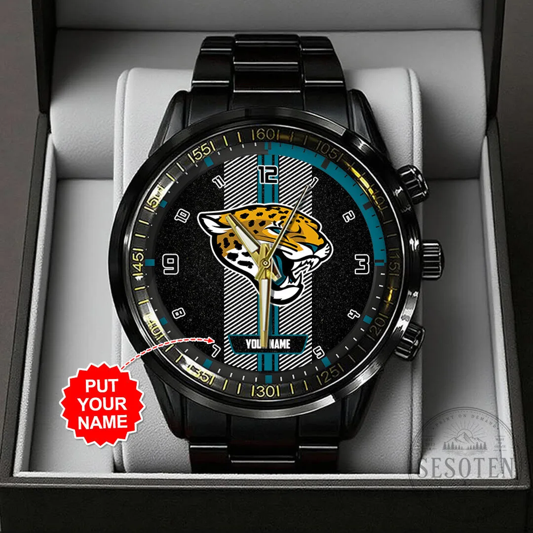 Jacksonville Jaguars NFL Football Team Logo Black Stainless Steel Watch