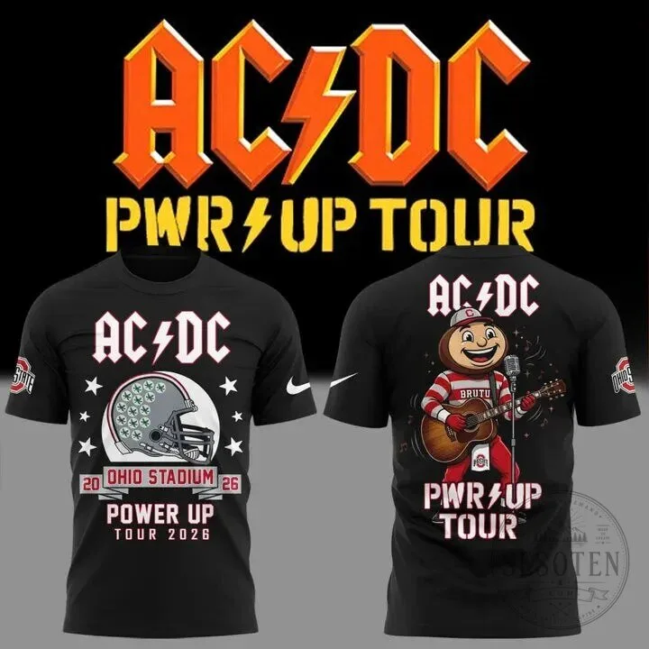Black T-Shirt Featuring Ohio State Football for the 2026 AC/DC Power Up Tour