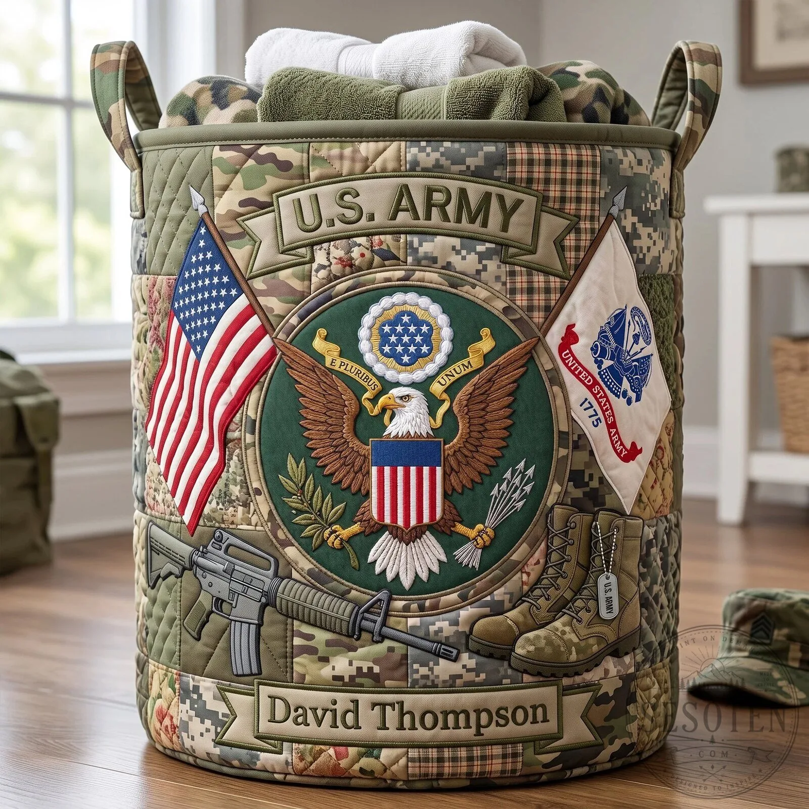 United States Army Quilted Laundry Basket with American Flag and Eagle Emblem