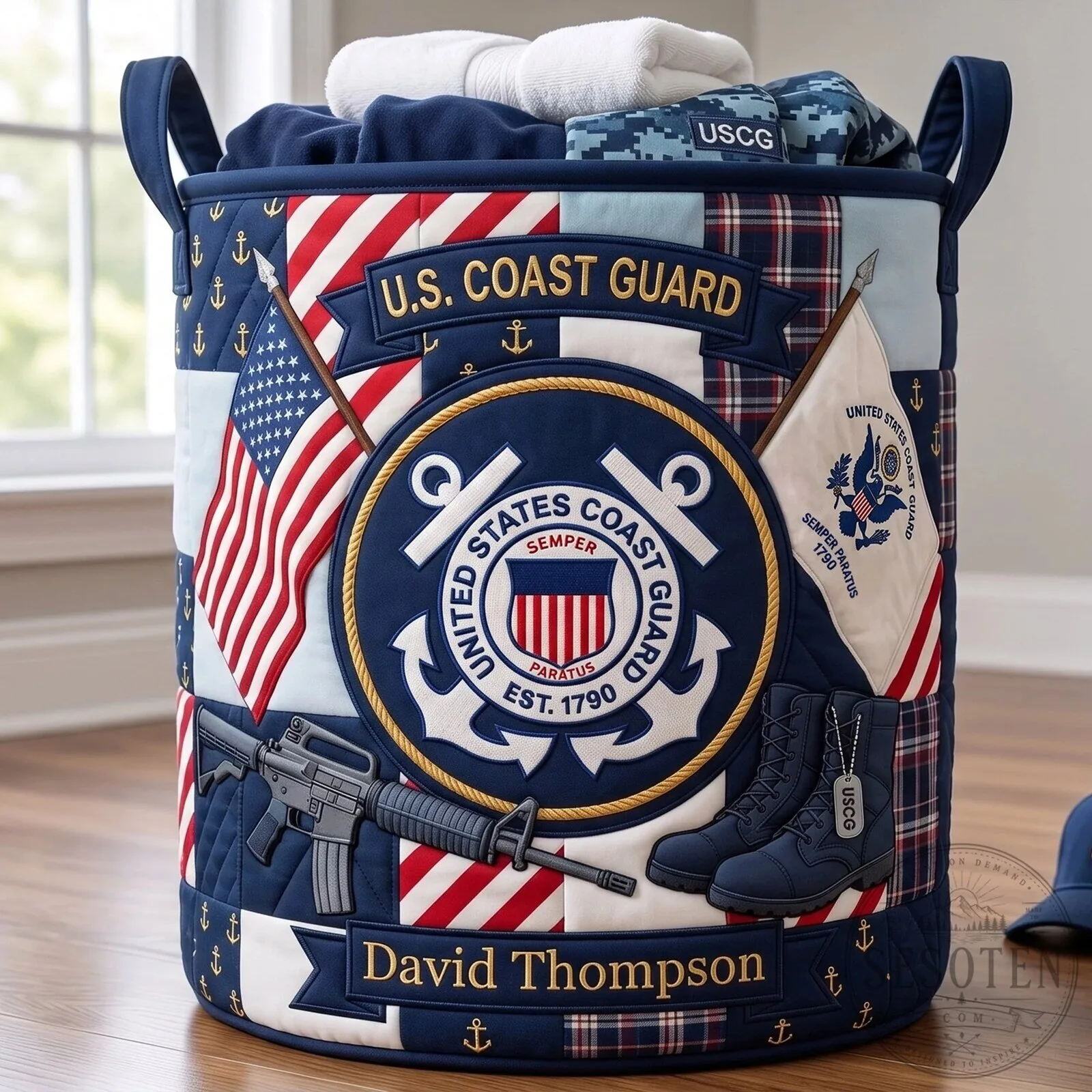 United States Army Quilted Laundry Basket with American Flag and Eagle Emblem 14 United States Army Quilted Laundry Basket with American Flag and Eagle Emblem
