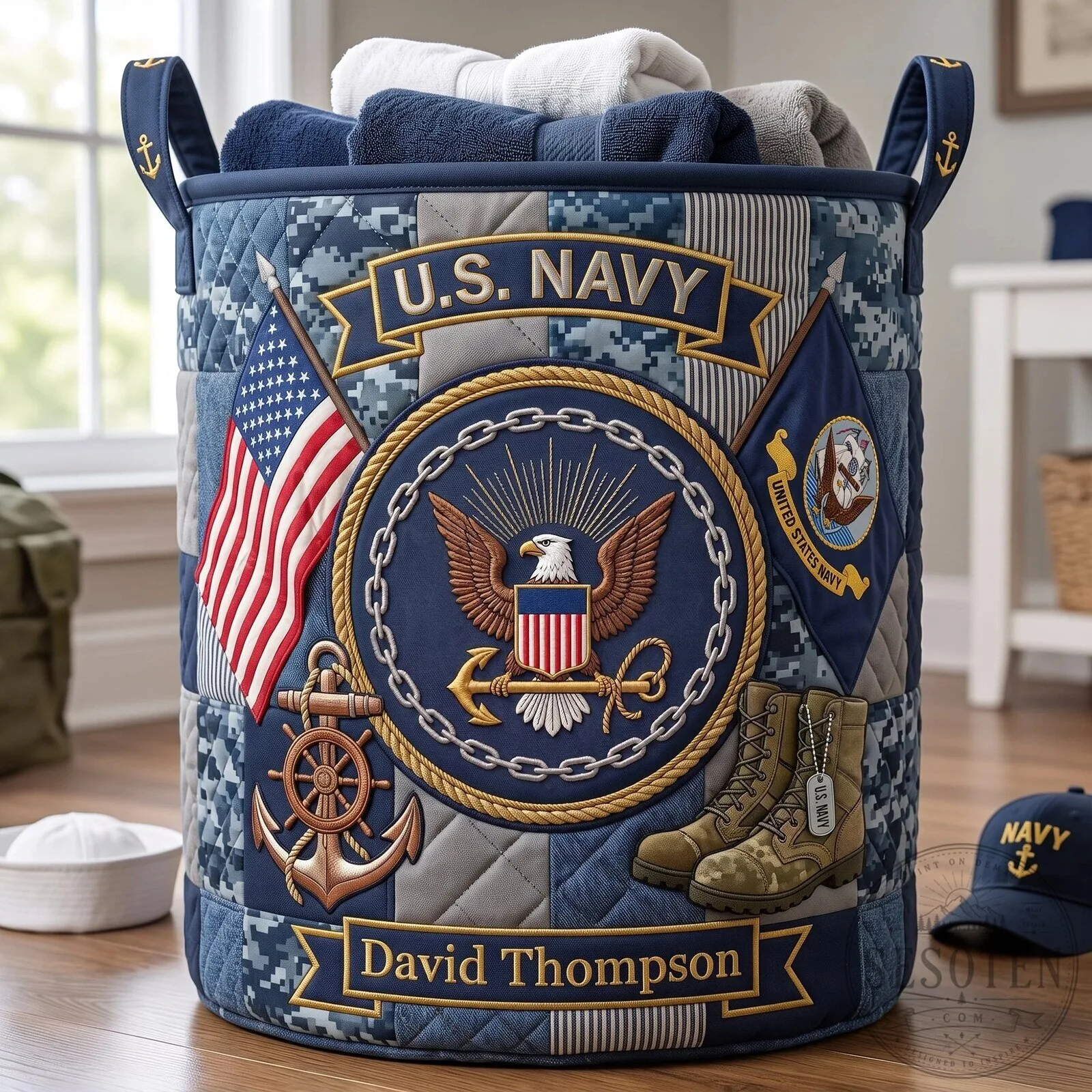 United States Army Quilted Laundry Basket with American Flag and Eagle Emblem 15 United States Army Quilted Laundry Basket with American Flag and Eagle Emblem